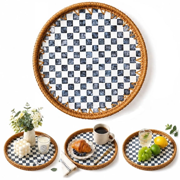 Round Rattan Serving Tray with Mother of Pearl Inlay, Natural Wicker Decorative Tray, 12Inch Table Decor & Food Display Tray