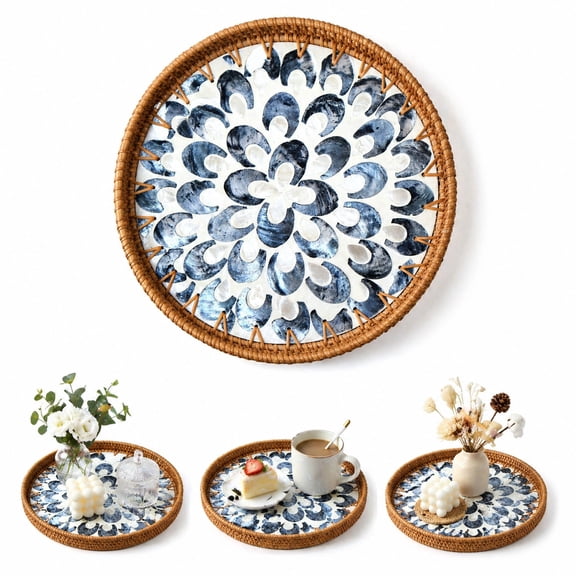 Round Rattan Serving Tray with Mother of Pearl Inlay, Natural Wicker Decorative Tray, 12Inch Table Decor & Food Display Tray
