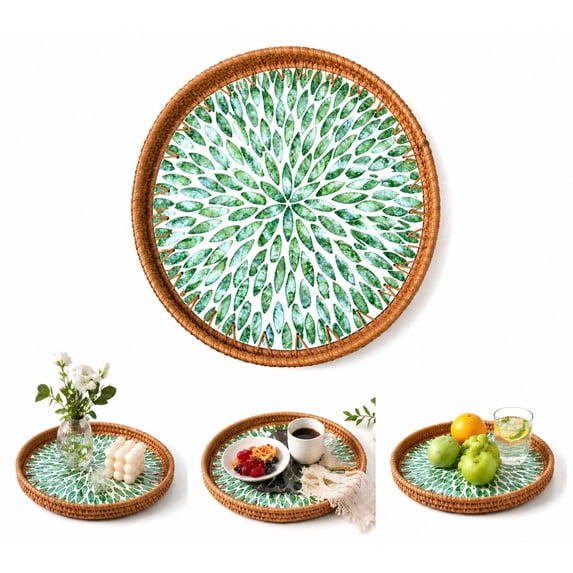 Round Rattan Serving Tray with Mother of Pearl Inlay, Natural Wicker Decorative Tray, 12Inch Table Decor & Food Display Tray