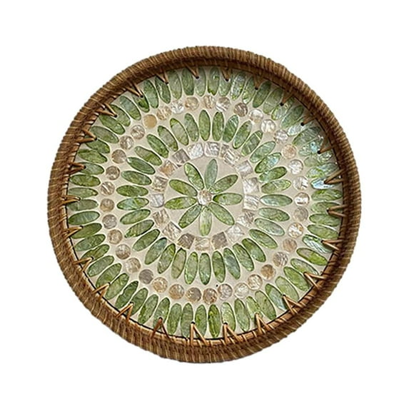 Round Rattan Serving Tray with Natural Shell Inlay for Dining, Kitchen, Cafe, Party, Bathroom, and Home Decor
