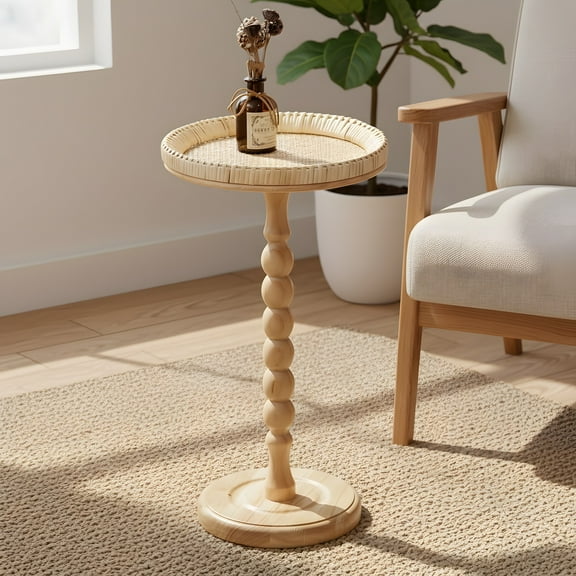 Round Rattan Side Table - Boho Accent Table for Small Spaces