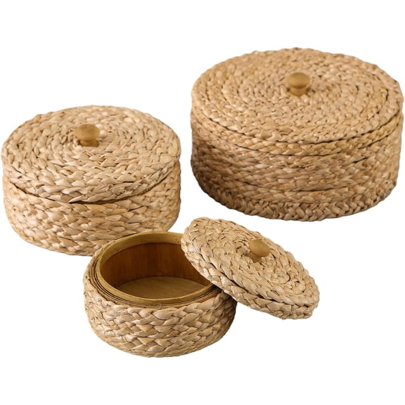 Round Rattan Storage Boxes with Set of 3, Handwoven Wicker Basket, Small Baskets for Shelves, Boho Organizer Desk, Living Room Decoration