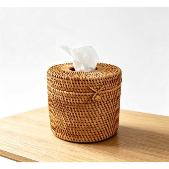 Round Rattan Tissue Box Vine Roll Holder, Decorative Woven Facial Tissue Holder, for Bedroom, Dining Room, Car, Office, Brown 5.9*5.1 Inch