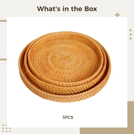 Round Rattan Tray 3PC– Decorative Handwoven Wicker Coffee Table Tray, Ottoman Basket, Bread & Fruit Serving Basket, Lightweight Plastic, Hollow Handles for Easy Carry, for Home, Kitchen, Living Room