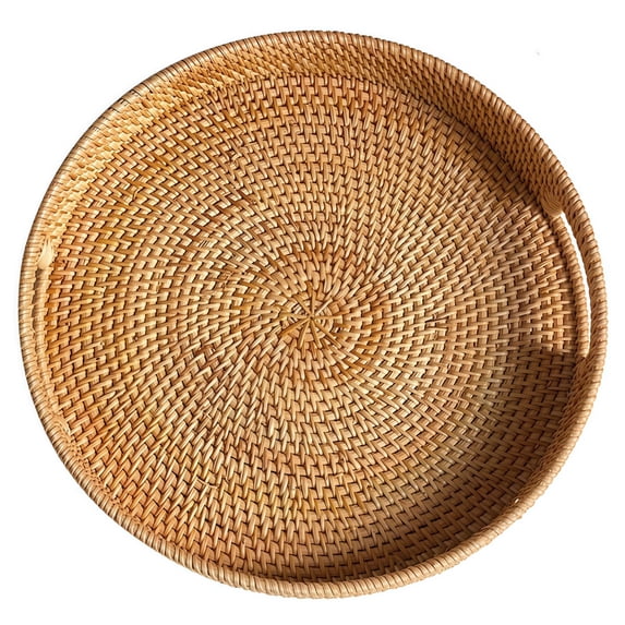 Round Rattan Tray, Hand Woven Serving Tray with Handles, Wicker Serving Basket, Decorative Tray for Home Decor, Natural