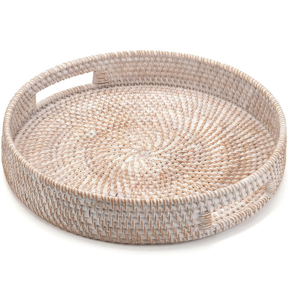 Round Rattan Tray, Hand Woven Serving Tray with Handles, Wicker Serving Basket, Decorative Tray for Home Decor, Natural