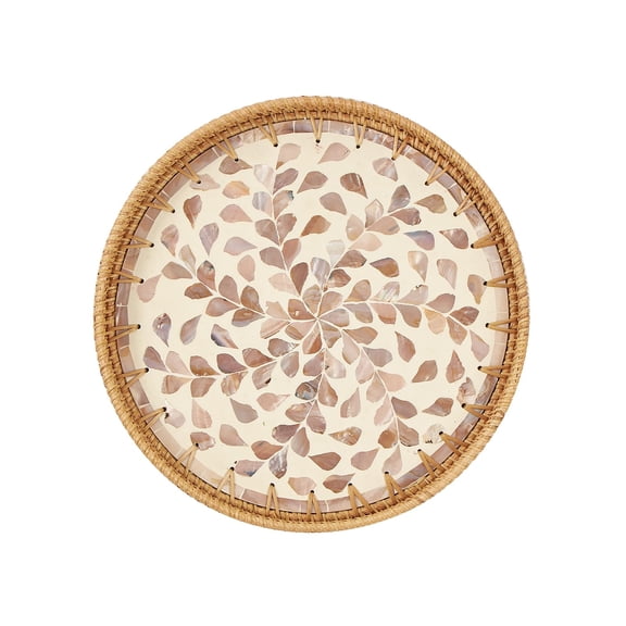 Round Rattan Tray With Mother Of Inlay Serving Wooden Base Decorative Wicker Basket For Table Decor Storage And Display Coffee Bread Food Fruit (wicker)