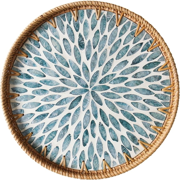 Round Rattan Tray with Mother of Pearl Inlay, Rattan Serving Tray with Wooden Base, Decorative Wicker Basket for Table Decor, Storage and Display of Coffee Bread Food Fruit