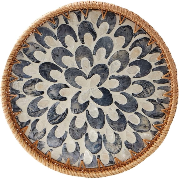Round Rattan Tray with Mother of Pearl Inlay, Rattan Serving Tray with Wooden Base, Decorative Wicker Basket for Table Decor, Storage and Display of Coffee Bread Food Fruit