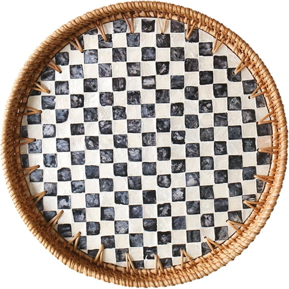 Round Rattan Tray with Mother of Pearl Inlay, Rattan Serving Tray with Wooden Base, Decorative Wicker Basket for Table Decor, Storage and Display of Coffee Bread Food Fruit