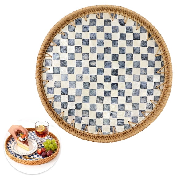 Round Rattan Tray with Mother of Pearl Inlay, Serving Tray for Breakfast, Pastries, Fruits, Decorative Wicker Tray for Centerpiece, Living Room, Kitchen Island (11.8")