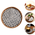 thumbnail image 1 of Round Rattan Tray with Mother of Pearl Inlay, Wicker Serving Tray for Coffee, Bread, Fruits, Decorative Table Decor for Kitchen Island, Home, Black Checkerboard, 11.8 Inch, 1 of 9