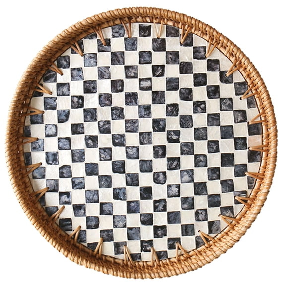 Round Rattan Tray With Mother Of Inlay  Decorative Wicker Serving Wooden Base Woven Basket Trays For Bread Fruits Coffee Checkered