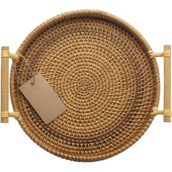 Round Rattan Tray Woven Bread Basket with Handles, Small Cracker Tray for Serving Dinner Parties Coffee Table Tea (11 inches Diameter)