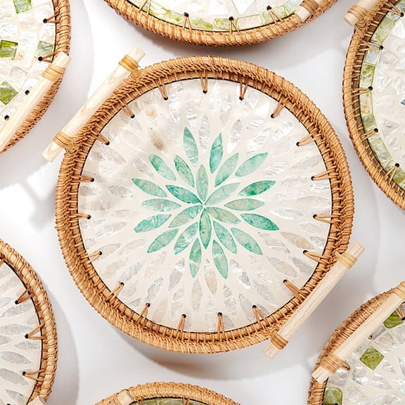 Round Rattan Tray Woven Bread Basket with Handles Small Cracker Tray for Serving Dinner Parties Coffee Table Tea