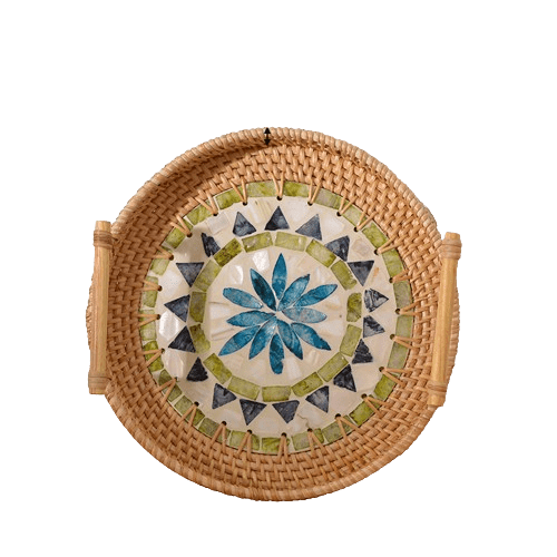Round Rattan Tray, seabed shell inlay, Kitchen Decor Serving Tray for ...