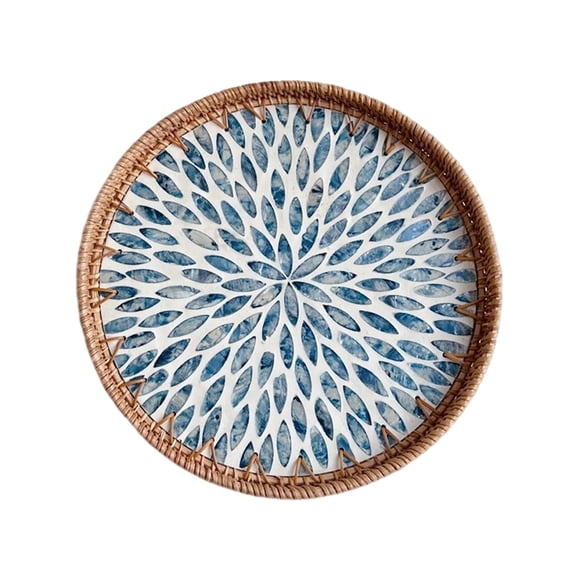 Round Rattan Tray with Handwoven Edge and Blue Leaf Pattern, 12 Inch, Blue and Brown, for Kitchen Counter, Decorative Serving Tray