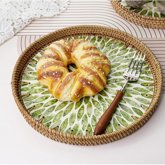 Round Rattan Tray with Mother of Inlay, Natural Decorative Serving Tray for Boho Home, Coffee Table, Food, Tea, Fruit Wicker Basket