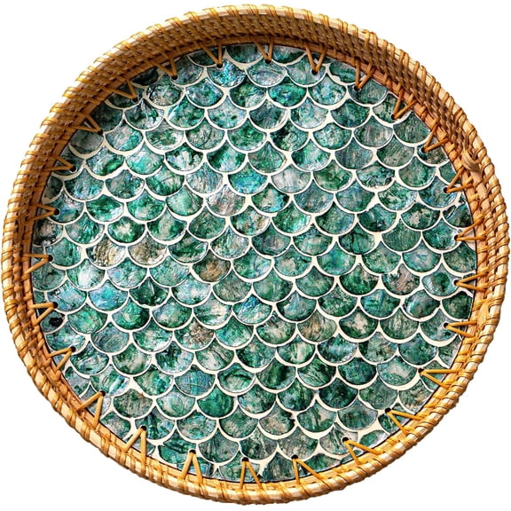 Round Rattan Tray with Mother of Pearl Inlay Cascade 12