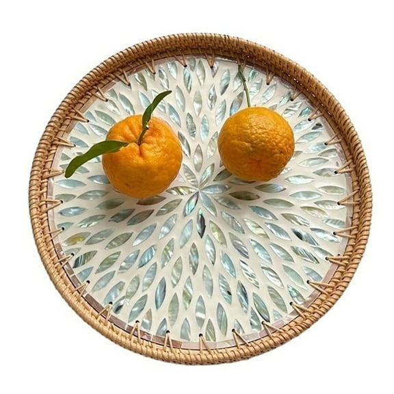 Round Rattan Tray with Mother of Pearl Inlay Wicker Serving Tray with Wooden Base for Bread Fruits