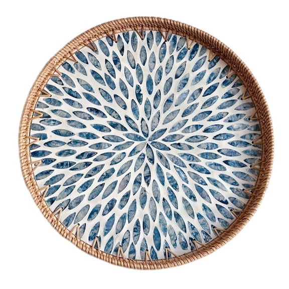 Round Rattan Tray with Mother of Pearl Inlay Wicker Serving Tray with Wooden Base for Bread Fruits