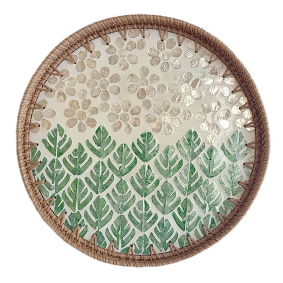 Round Rattan Tray with Mother of Pearl Inlay Wicker Serving Tray with Wooden Base for Bread Fruits