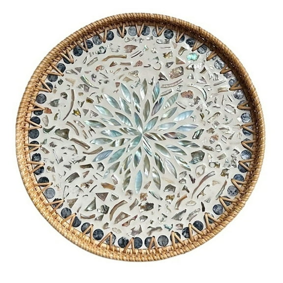 Round Rattan Tray with Mother of Pearl Inlay Wicker Serving Tray with Wooden Base for Bread Fruits