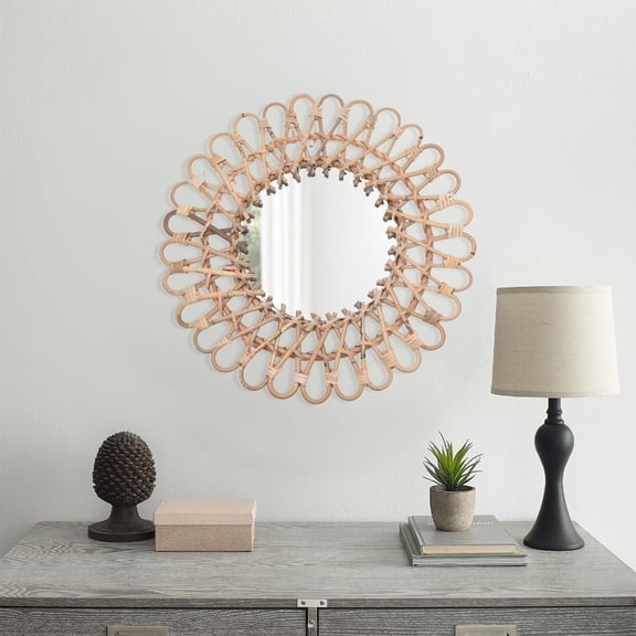 Round Rattan Wall Mirror 15.75 Inch, Handmade Boho Wicker Mirror with 7.87 Inch Glass Mirror, Natural Farmhouse Decorative Accent Mirror for Bedroom, Bathroom, Entryway, Living Room, Vanity