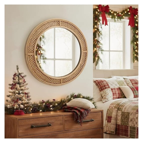 Round Rattan Wall Mirror with Wooden Framed, Modern Boho Decorative Mirror for Bathroom, Entry, Living Room, Bedroom, 24 Inch