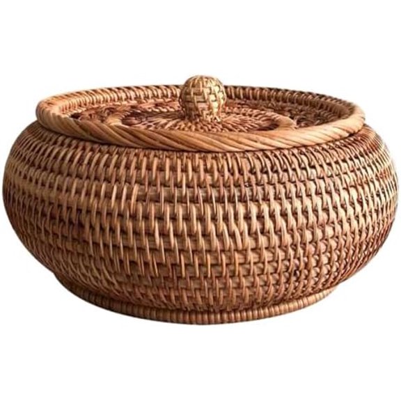 Round Rattan Wicker Basket with Lid 8.26X8.26X5.11 Inch Handwoven Candy Storage Box for Kitchen Dining Entertaining$$Home Decor, Kitchen, & Other