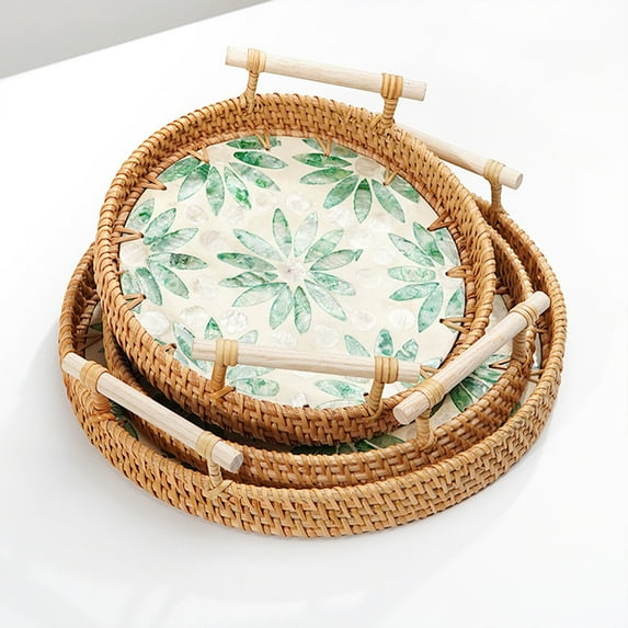 Round Rattan Wicker Woven Tray Basket with Shell Wooden Base and Handle for Fruit Bread Serving, Coffee Table Tray, Vanity Ottoman Tray Organizer for Kitchen, Storage Display