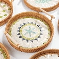 thumbnail image 1 of Round Rattan Wicker Woven Tray Basket with Shell Wooden Base and Handle for Fruit Bread Serving, Coffee Table Tray, Vanity Ottoman Tray Organizer for Kitchen, Storage Display, 1 of 8