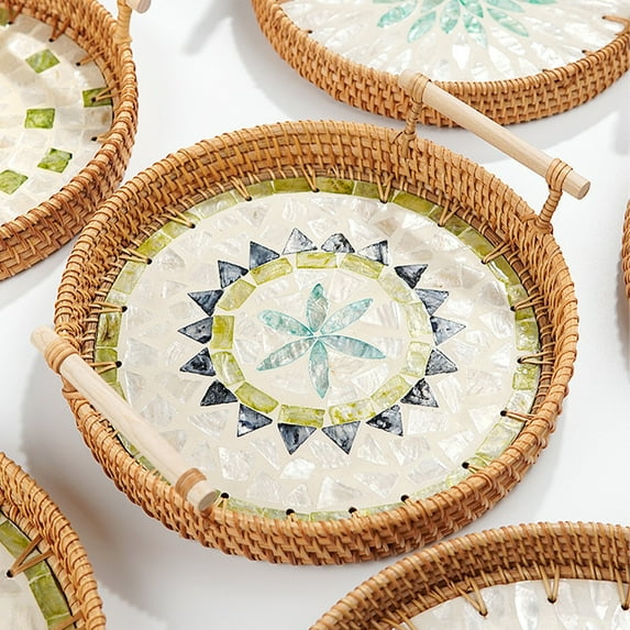 Round Rattan Wicker Woven Tray Basket with Shell Wooden Base and Handle for Fruit Bread Serving, Coffee Table Tray, Vanity Ottoman Tray Organizer for Kitchen, Storage Display