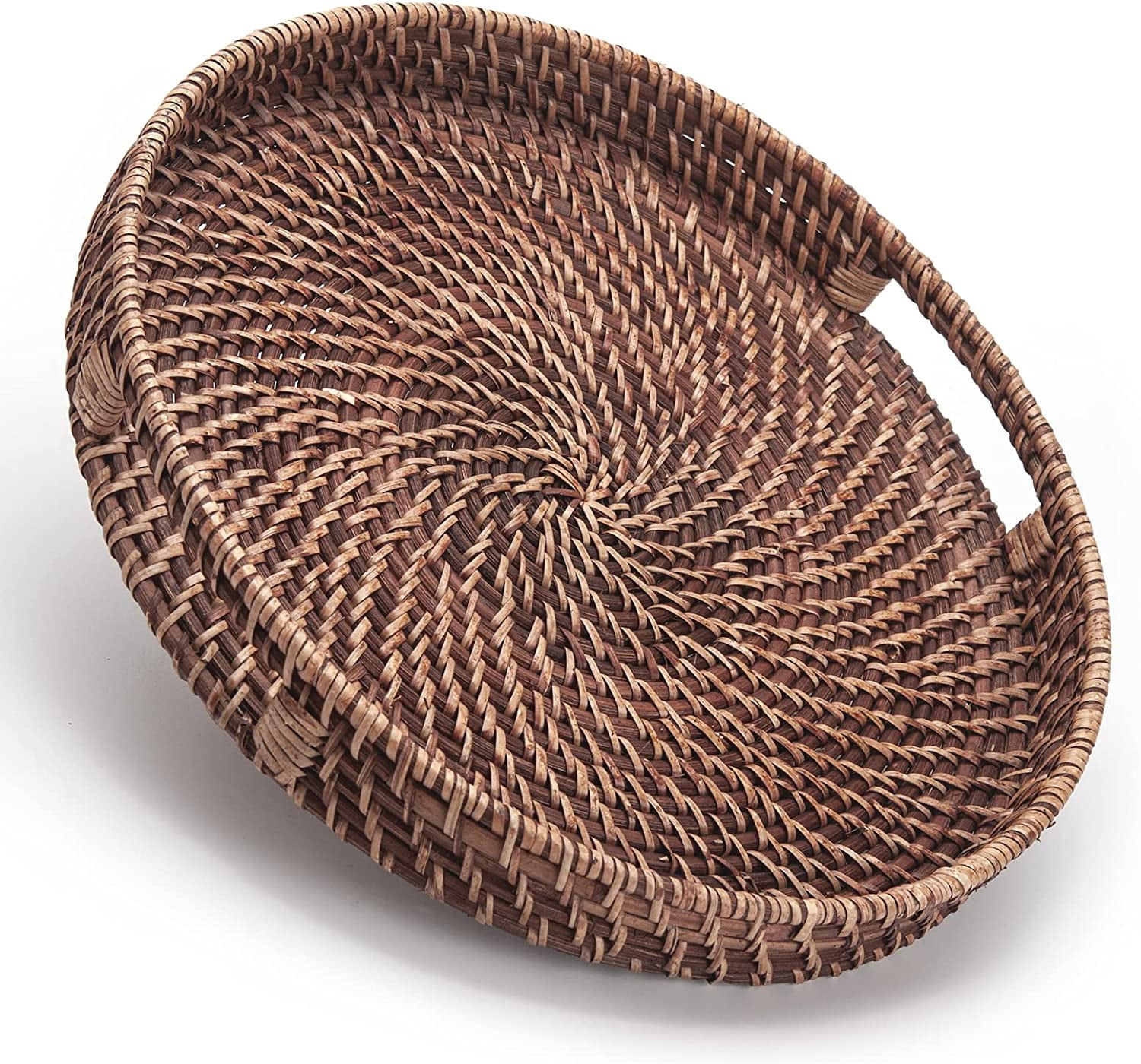 Honey Brown Round Rattan Woven Serving Tray with Handles