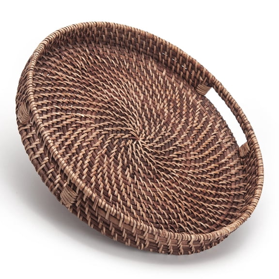 Round Rattan Woven Serving Tray with Handles Ottoman Tray for Breakfast, Drinks, Snack for Coffee Table, Home Decorative