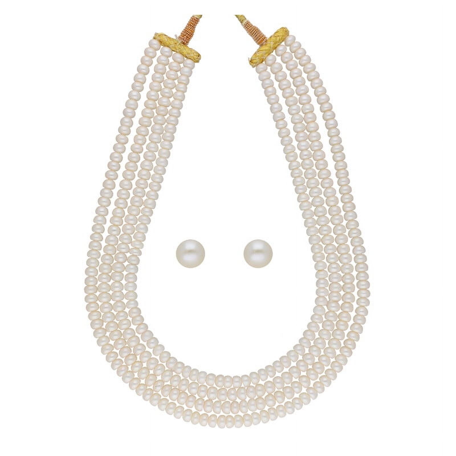 SRI JAGDAMBA PEARLS Round Real Freshwater 5mm Pearls 4 Lines Necklace Set For Women
