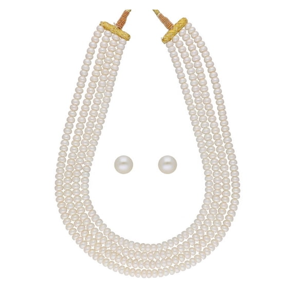Round Real Freshwater 5mm Pearls 4 Lines Necklace Set For Women