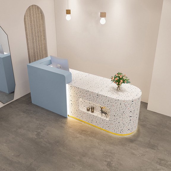 Round Reception Desk 63 in Wide with Dual-Tone, Keyboard Tray & File Drawers for Retail