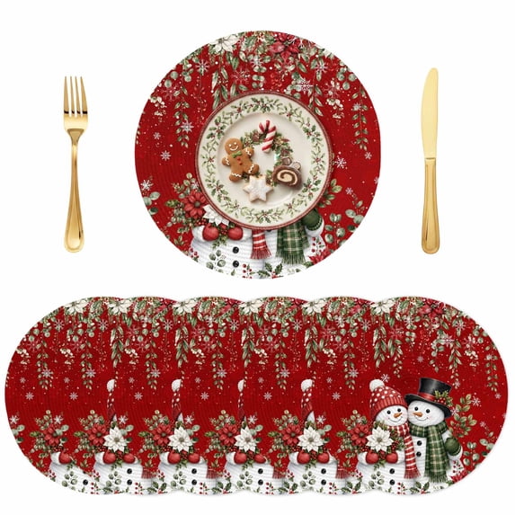 Round Red Christmas Snowman Placemats Set of 6, 15 Inch PP Woven Place ...