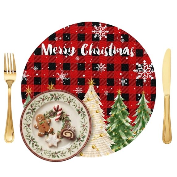Round Red Plaid Christmas Tree Placemats 1 Pack, 13 Inch PP Woven Place ...