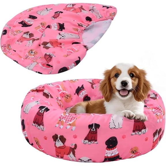 Round Replacement Dog Bed Covers Elastic Edged Washable Pet Bed Protector with Cute Dog Pattern Design for Small & Medium Pet Beds, Cover Only (Pink, 20×9.8 Inch)