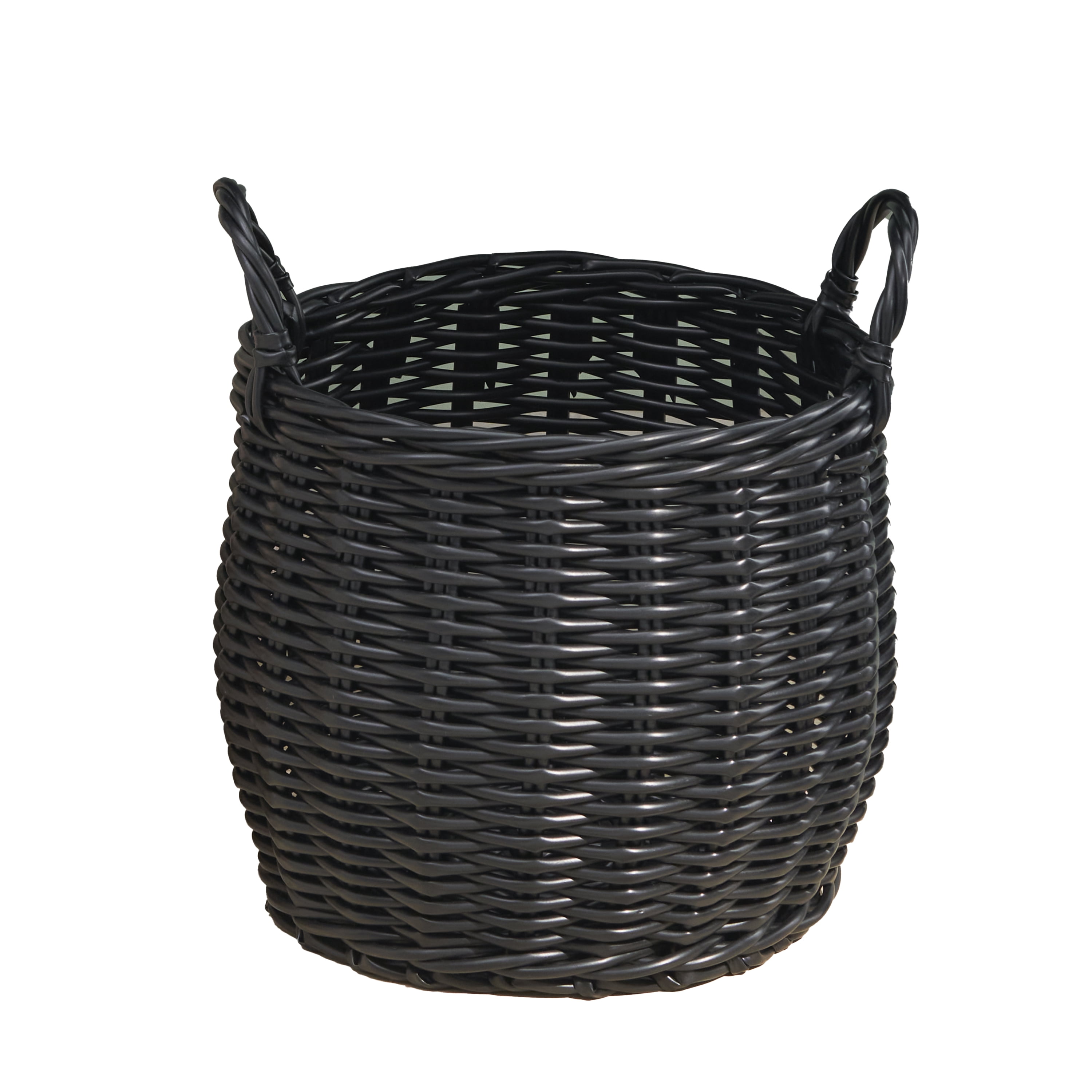 Round Resin Woven Wicker Basket with Handles For Clothes, Towels, Toys, Magazines Storage and Home Decoration, 13" x 13" x 10.2" Black
