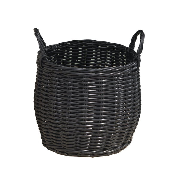Round Resin Woven Wicker Storage Basket with Handles, 13"13"10.2" Black Decorative Organizer Bin for Clothes Towels Toys Magazines Home Dcor