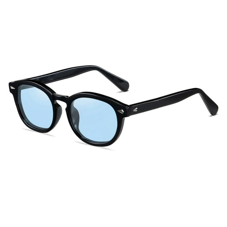 Round Retro Dark Black Plastic Frame Sky Blue Tint Lens Trendy