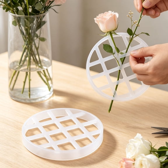 Round Reusable Flower Insert, 2 Pack Durable White Plastic Grid Accessory For Vases, Floral Arrangement For Wedding Receptions Home Table Centerpieces, White