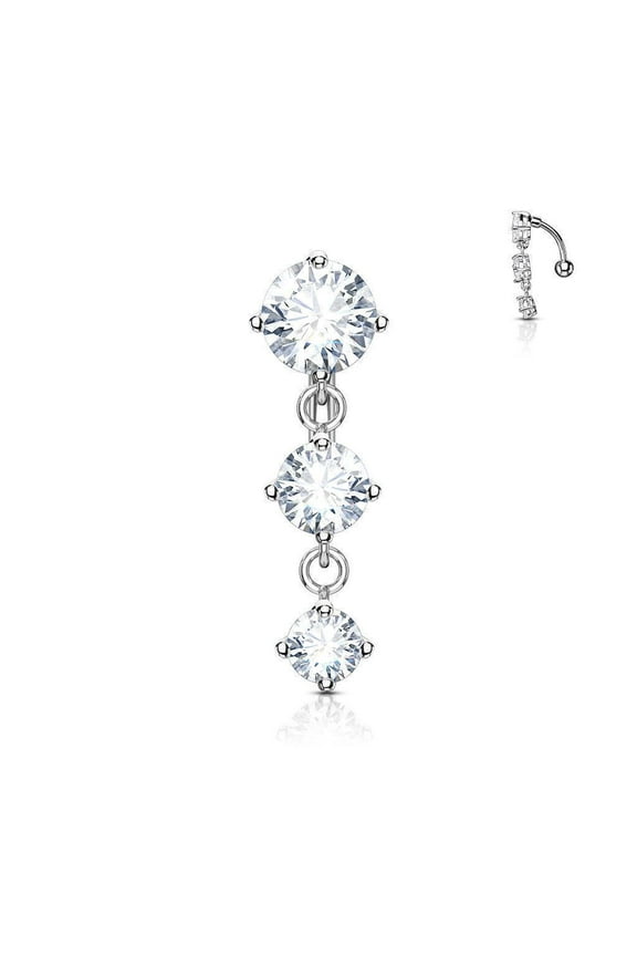 Round Reverse Belly Button Ring Design with Three Prong Clear Gems 14g