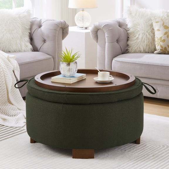 Round Reversible Lid Ottoman Boucle Fabric Hidden Storage Wooden Legs Dual-Purpose Side Table Footrest For Living Room Bedroom(Dark Green)