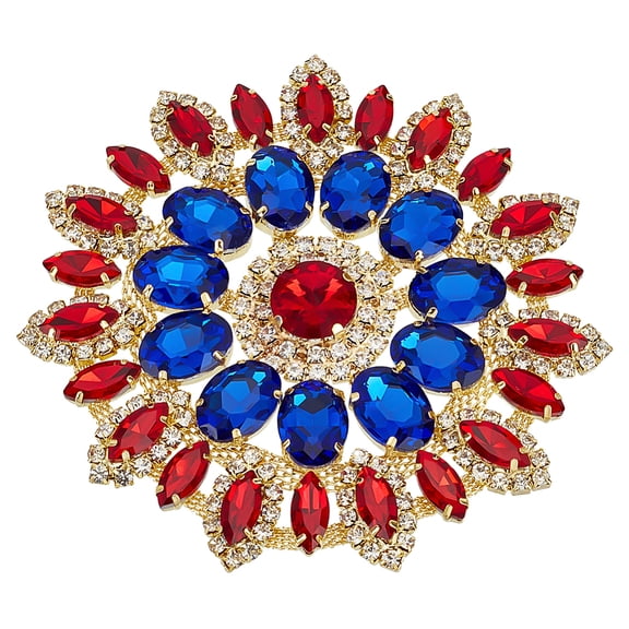 Round Rhinestone Applique 4.3x4.1 Inch Blue Red Flower Patch Rhinestone Appliques with Metal Chain Back DIY Sewing Rhinestone Patch for Wedding Bridal