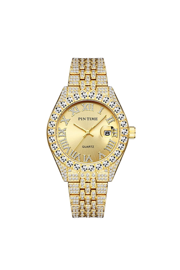 Round Rhinestone Quartz Watch Alloy Pointer Case Stainless Steels Strap Waterproof Wristwatch Elegant Daily Accessory For Men