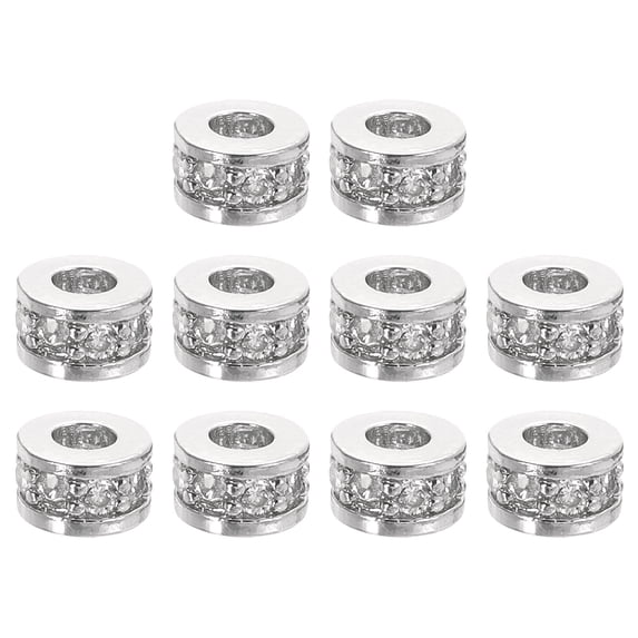 Round Ring Charm Spacer Beads, 10Pcs 6mm - Round Zircon Pave Spacer Beads for Jewelry Making (White - White Gold)
